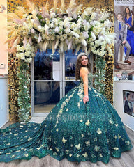 Misshow Exquisite Hunter Green Quinceanera Dress 3D Gold Butterfly Lace Sequined Beading & Tulle Ball Gown for Sweet 16