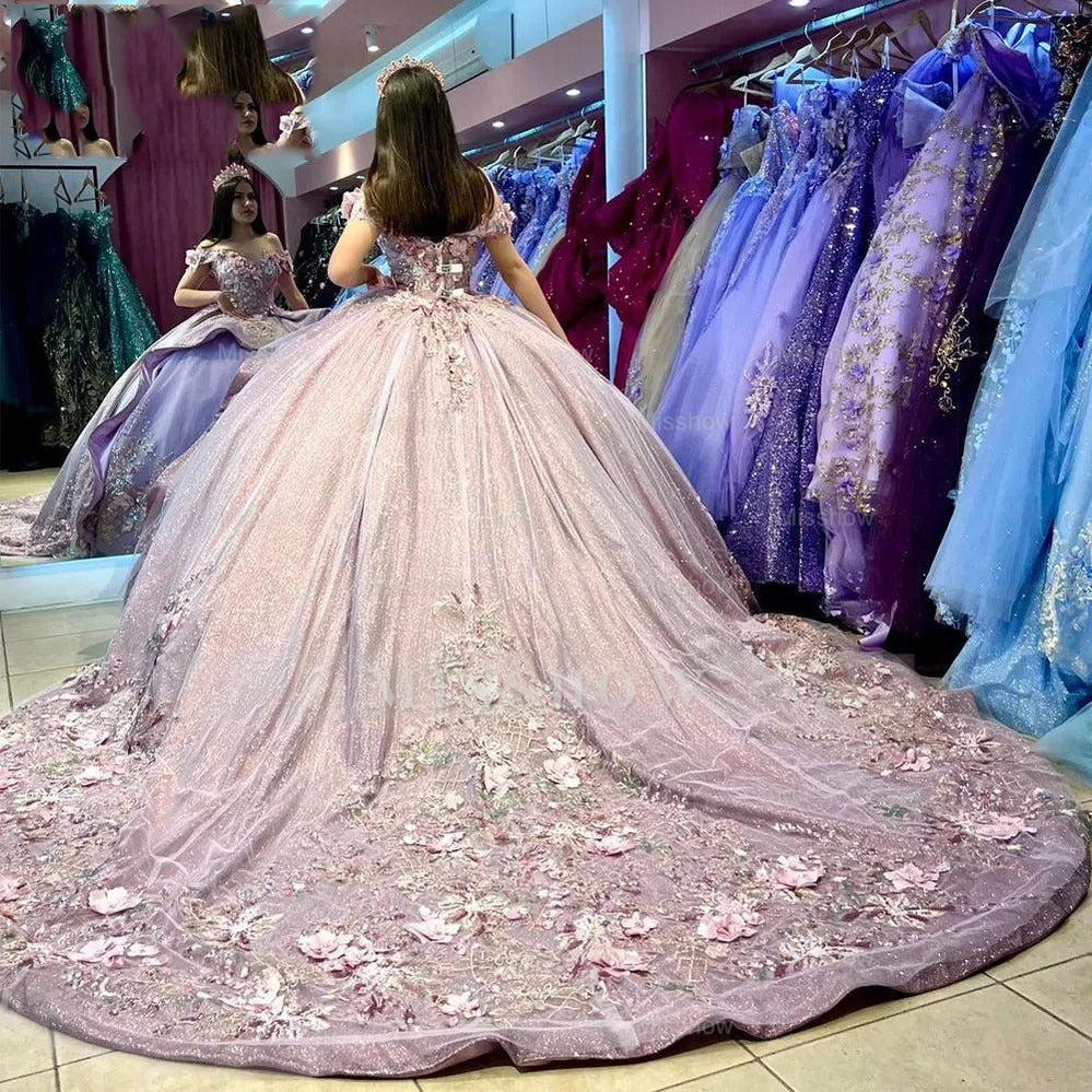 Misshow Exquisite Lilac Tulle Quinceanera Dress Off-Shoulder Lace Applique Ball Gown with Beaded Tiered Ruffles for Sweet 16 & Princess Parties
