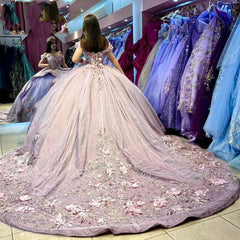 Misshow Exquisite Lilac Tulle Quinceanera Dress Off-Shoulder Lace Applique Ball Gown with Beaded Tiered Ruffles for Sweet 16 & Princess Parties