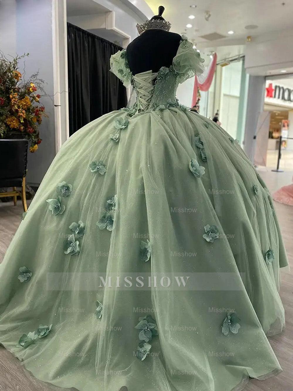 Misshow Exquisite Mint Green Ball Gown Off-Shoulder Beaded Tulle Quinceanera Dress with 3D Floral Appliques for Sweet 16