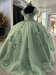 Misshow Exquisite Mint Green Ball Gown Off-Shoulder Beaded Tulle Quinceanera Dress with 3D Floral Appliques for Sweet 16