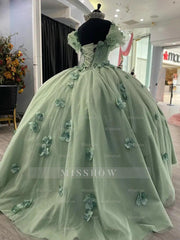 Misshow Exquisite Mint Green Ball Gown Off-Shoulder Beaded Tulle Quinceanera Dress with 3D Floral Appliques for Sweet 16