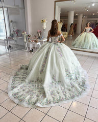 Misshow Exquisite Mint Green Ball Gown Off-Shoulder Corset with 3D Floral Lace Appliques for Quinceanera & Sweet 16