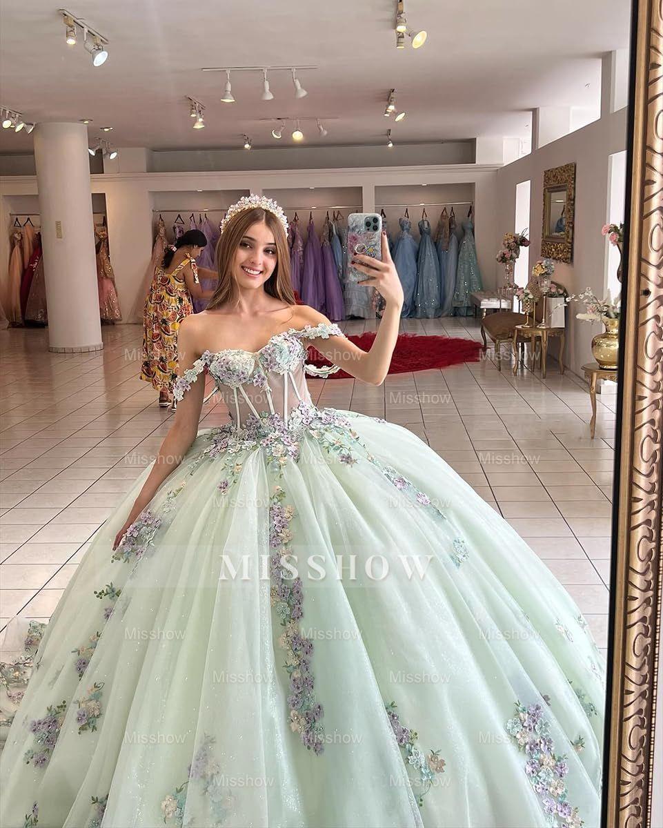 Misshow Exquisite Mint Green Ball Gown Off-Shoulder Corset with 3D Floral Lace Appliques for Quinceanera & Sweet 16