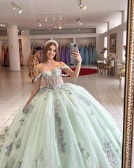 Misshow Exquisite Mint Green Ball Gown Off-Shoulder Corset with 3D Floral Lace Appliques for Quinceanera & Sweet 16