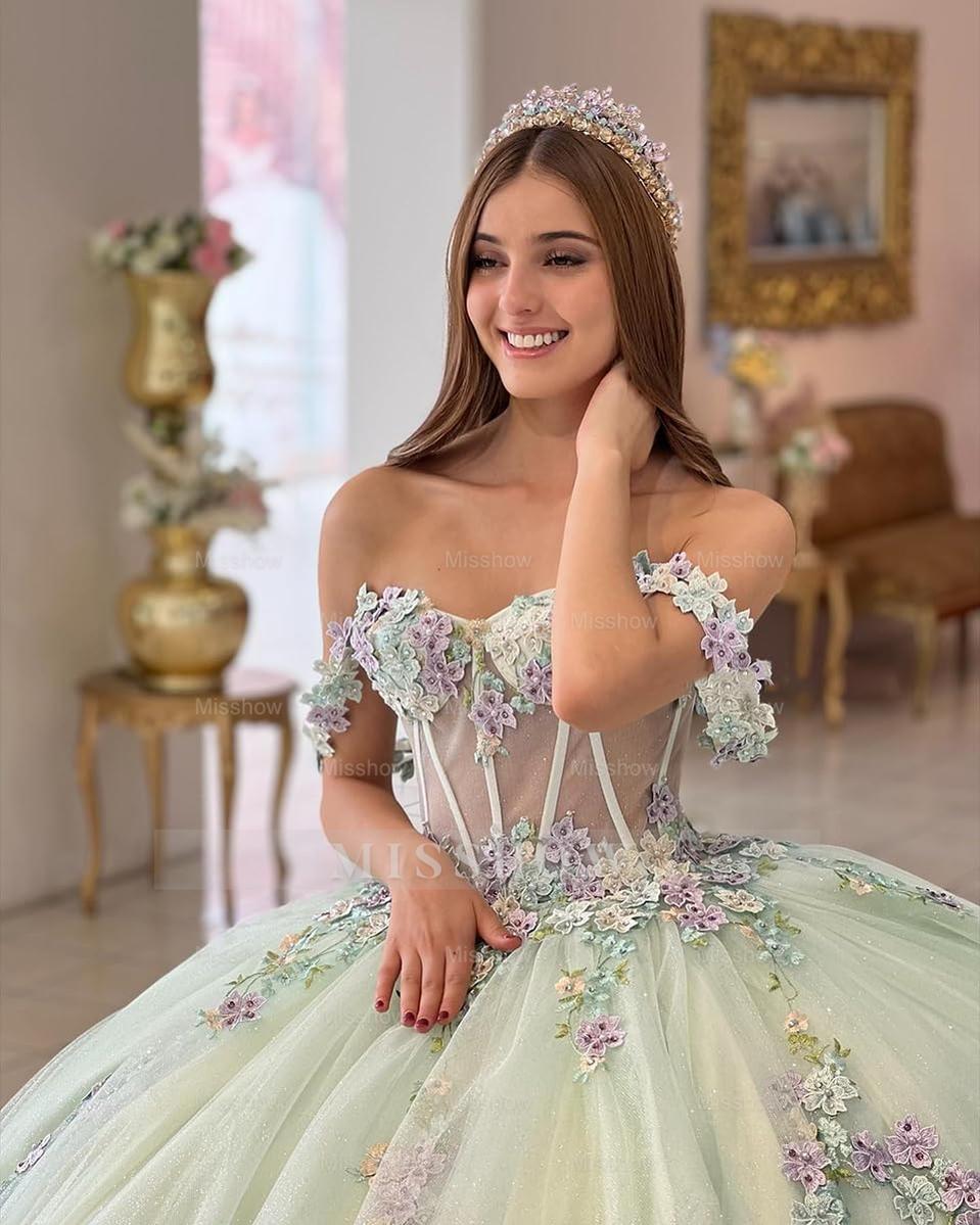 Misshow Exquisite Mint Green Ball Gown Off-Shoulder Corset with 3D Floral Lace Appliques for Quinceanera & Sweet 16