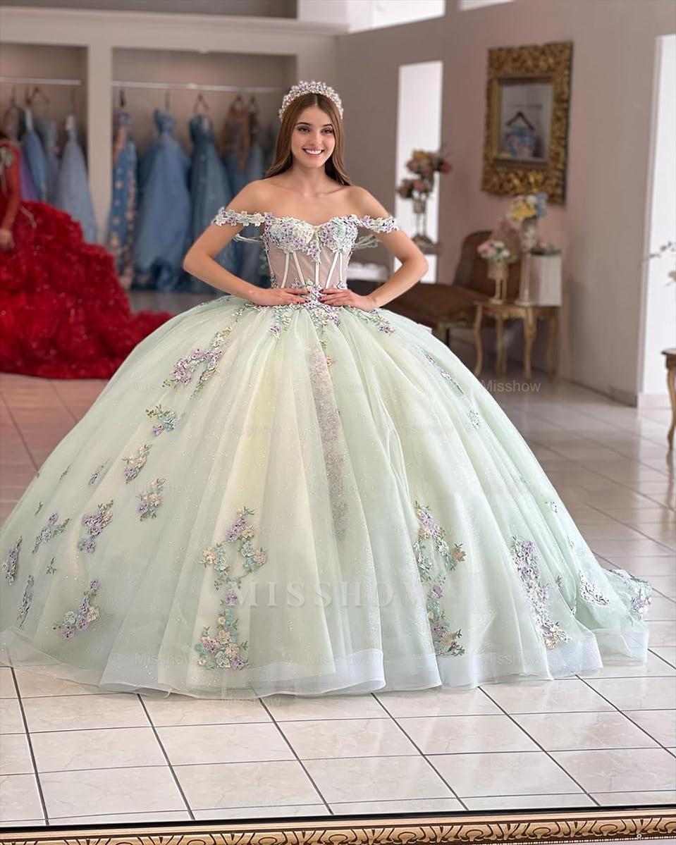 Misshow Exquisite Mint Green Ball Gown Off-Shoulder Corset with 3D Floral Lace Appliques for Quinceanera & Sweet 16