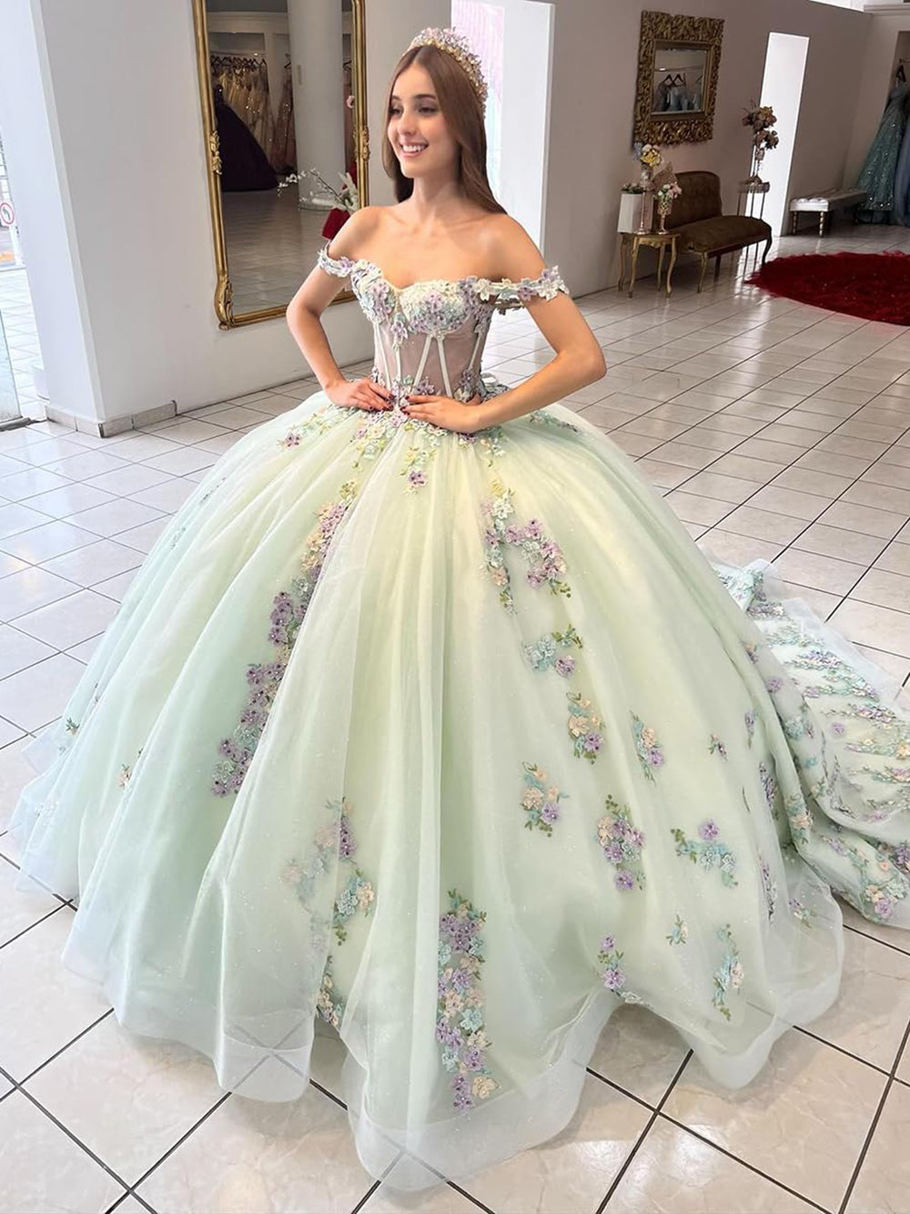 Misshow Exquisite Mint Green Ball Gown Off-Shoulder Corset with 3D Floral Lace Appliques for Quinceanera & Sweet 16