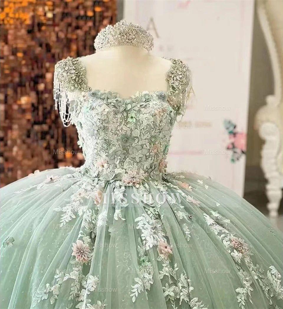 Misshow Exquisite Mint Green Ball Gown Strapless 3D Floral Applique Sweep Train Tulle Quinceanera Dress for Sweet 16