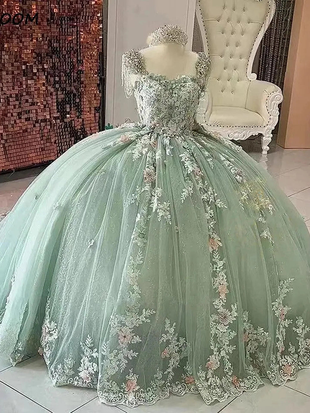 Misshow Exquisite Mint Green Ball Gown Strapless 3D Floral Applique Sweep Train Tulle Quinceanera Dress for Sweet 16