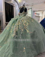 Misshow Exquisite Mint Green Ball Gown V-Neck Spaghetti Strap Lace Applique Quinceanera Dress for Sweet 16 & Princess Parties