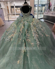 Misshow Exquisite Mint Green Ball Gown V-Neck Spaghetti Strap Lace Applique Quinceanera Dress for Sweet 16 & Princess Parties