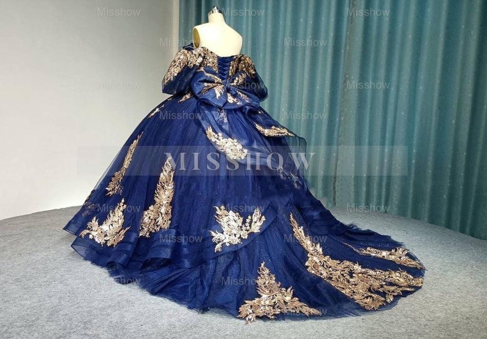 Misshow Exquisite Navy Blue Ball Gown Off-Shoulder Lace Applique Quinceanera Dress with Tiered Tulle Skirt for Sweet 16 & Evening Galas