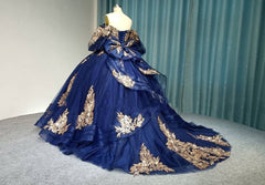 Misshow Exquisite Navy Blue Ball Gown Off-Shoulder Lace Applique Quinceanera Dress with Tiered Tulle Skirt for Sweet 16 & Evening Galas