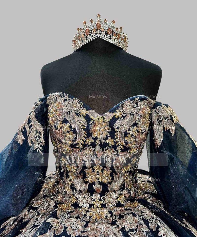 Misshow Exquisite Navy Blue Ball Gown Off-Shoulder Lace Applique Quinceanera Dress with Tiered Tulle Skirt for Sweet 16 & Evening Galas