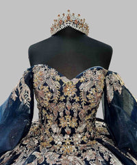 Misshow Exquisite Navy Blue Ball Gown Off-Shoulder Lace Applique Quinceanera Dress with Tiered Tulle Skirt for Sweet 16 & Evening Galas