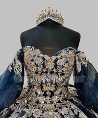Misshow Exquisite Navy Blue Ball Gown Off-Shoulder Lace Applique Quinceanera Dress with Tiered Tulle Skirt for Sweet 16 & Evening Galas
