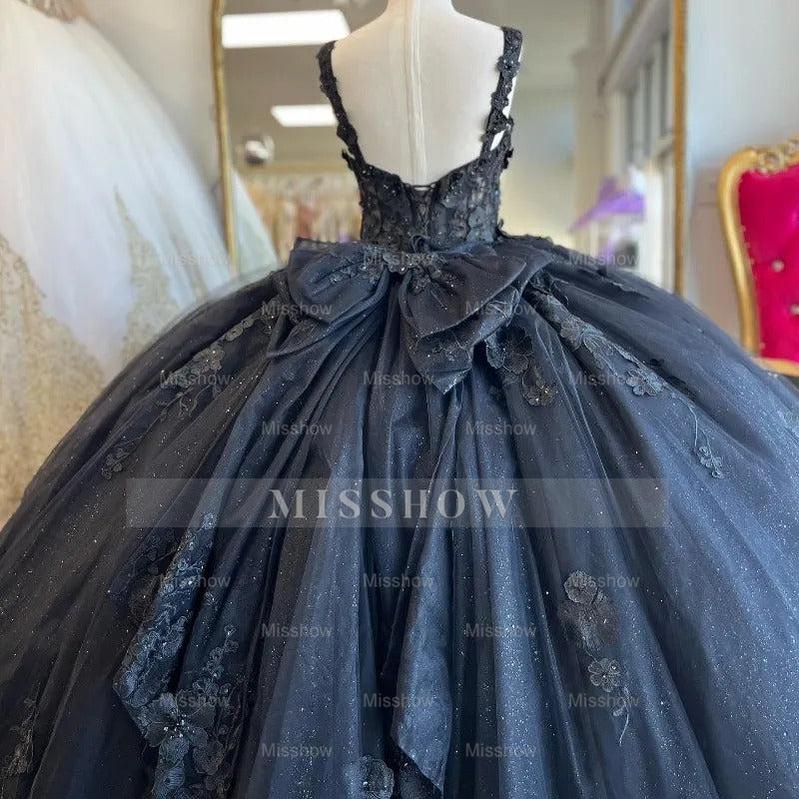 Misshow Exquisite Navy Blue Ball Gown Sweetheart Neckline with 3D Floral Appliques & Beaded Details for Quinceanera Sweet 16 or Princess-Themed Celebrations