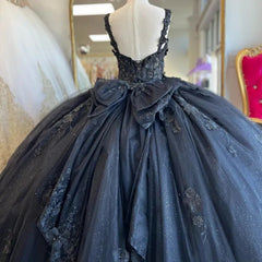 Misshow Exquisite Navy Blue Ball Gown Sweetheart Neckline with 3D Floral Appliques & Beaded Details for Quinceanera Sweet 16 or Princess-Themed Celebrations