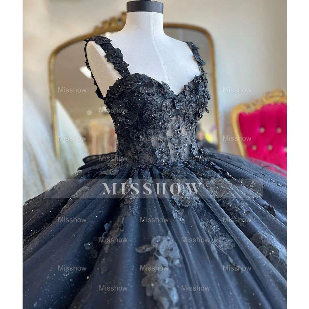 Misshow Exquisite Navy Blue Ball Gown Sweetheart Neckline with 3D Floral Appliques & Beaded Details for Quinceanera Sweet 16 or Princess-Themed Celebrations