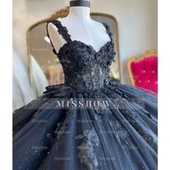 Misshow Exquisite Navy Blue Ball Gown Sweetheart Neckline with 3D Floral Appliques & Beaded Details for Quinceanera Sweet 16 or Princess-Themed Celebrations