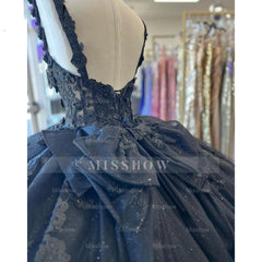 Misshow Exquisite Navy Blue Ball Gown Sweetheart Neckline with 3D Floral Appliques & Beaded Details for Quinceanera Sweet 16 or Princess-Themed Celebrations