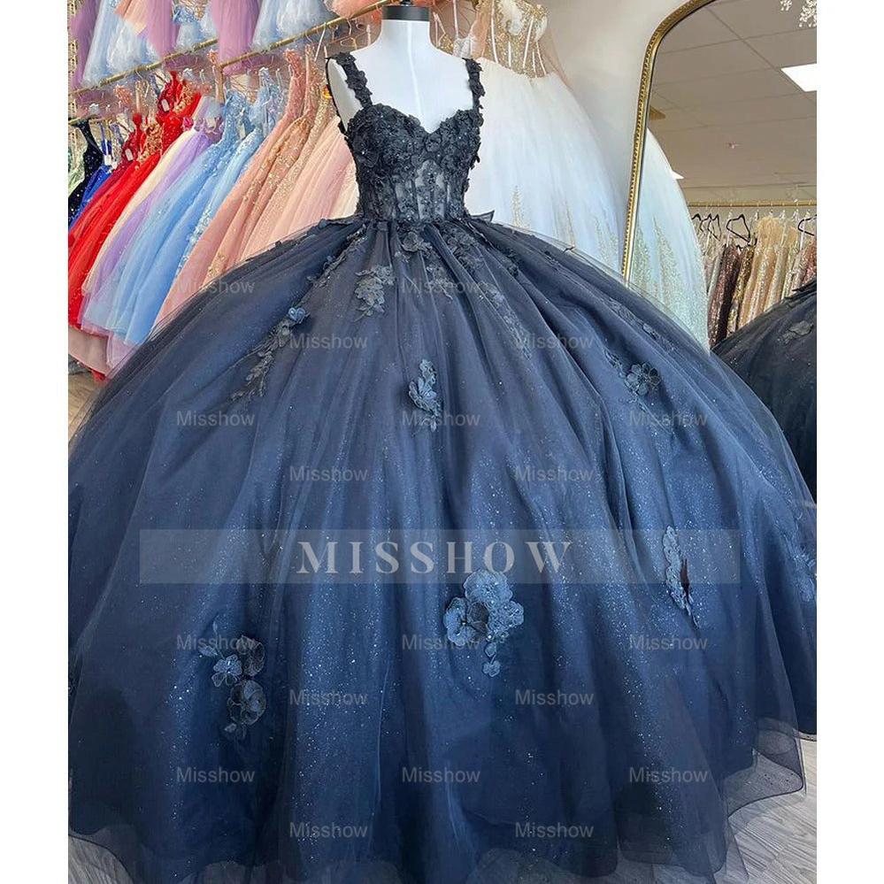 Misshow Exquisite Navy Blue Ball Gown Sweetheart Neckline with 3D Floral Appliques & Beaded Details for Quinceanera Sweet 16 or Princess-Themed Celebrations