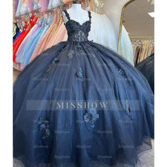 Misshow Exquisite Navy Blue Ball Gown Sweetheart Neckline with 3D Floral Appliques & Beaded Details for Quinceanera Sweet 16 or Princess-Themed Celebrations