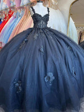 Misshow Exquisite Navy Blue Ball Gown Sweetheart Neckline with 3D Floral Appliques & Beaded Details for Quinceanera Sweet 16 or Princess-Themed Celebrations