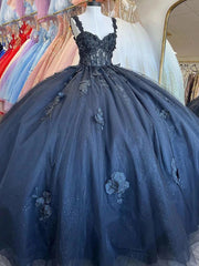 Misshow Exquisite Navy Blue Ball Gown Sweetheart Neckline with 3D Floral Appliques & Beaded Details for Quinceanera Sweet 16 or Princess-Themed Celebrations