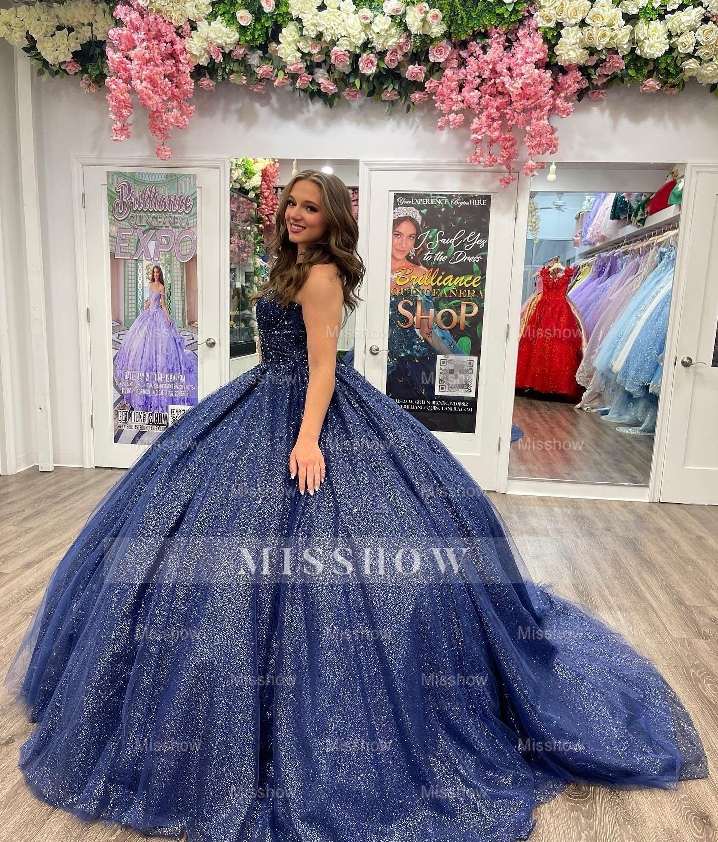 Misshow Exquisite Navy Blue Tulle Quinceanera Dress Sweetheart Neckline Ball Gown for Princess Prom & Sweet 16 Celebrations