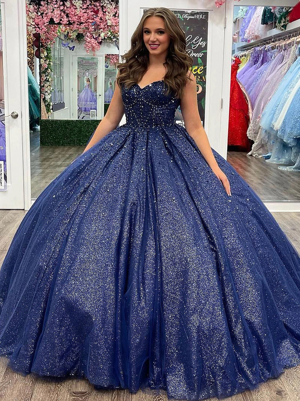 Misshow Exquisite Navy Blue Tulle Quinceanera Dress Sweetheart Neckline Ball Gown for Princess Prom & Sweet 16 Celebrations