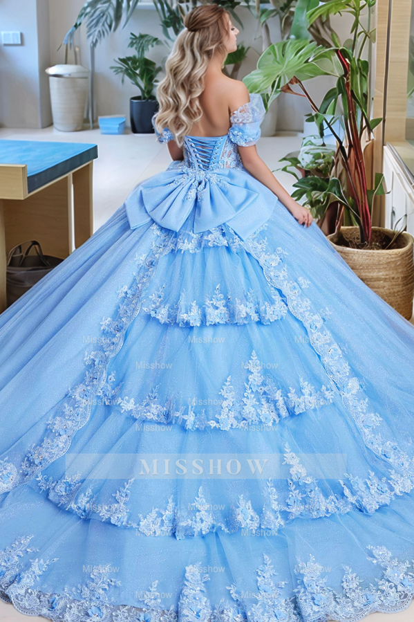Misshow Exquisite Off-Shoulder Ball Gown 3D Floral Applique & Sequins on Royal Blue Tulle for Quinceanera Sweet 16 and Evening Galas