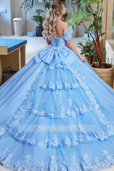 Misshow Exquisite Off-Shoulder Ball Gown 3D Floral Applique & Sequins on Royal Blue Tulle for Quinceanera Sweet 16 and Evening Galas