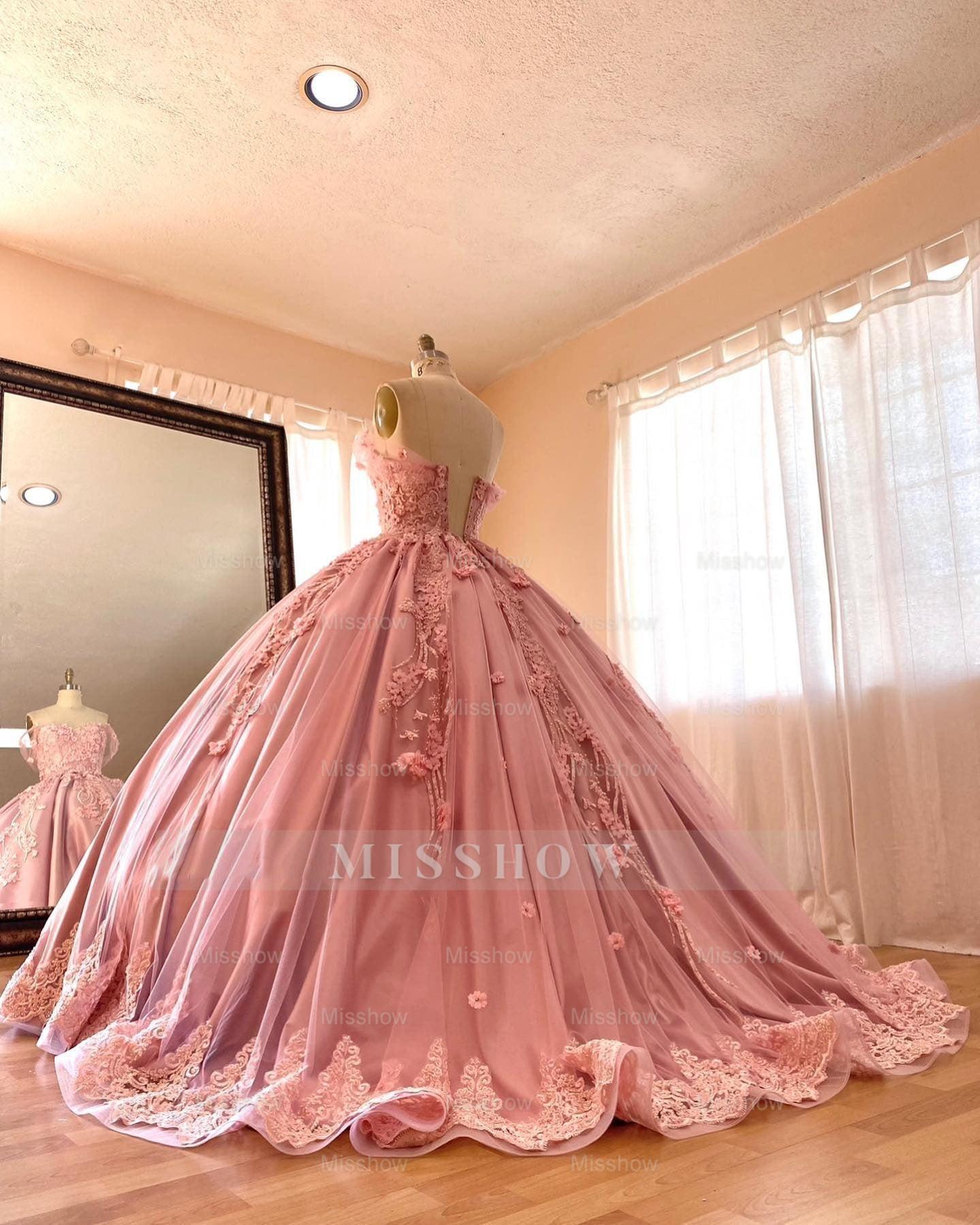 Misshow Exquisite Off-Shoulder Ball Gown 3D Floral Lace Appliques & Beaded Pink Satin Quinceanera Dress for Sweet 16