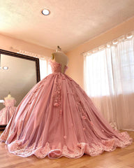 Misshow Exquisite Off-Shoulder Ball Gown 3D Floral Lace Appliques & Beaded Pink Satin Quinceanera Dress for Sweet 16