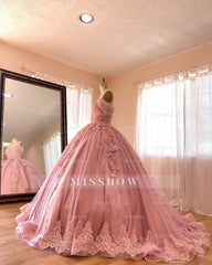 Misshow Exquisite Off-Shoulder Ball Gown 3D Floral Lace Appliques & Beaded Pink Satin Quinceanera Dress for Sweet 16