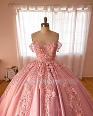 Misshow Exquisite Off-Shoulder Ball Gown 3D Floral Lace Appliques & Beaded Pink Satin Quinceanera Dress for Sweet 16