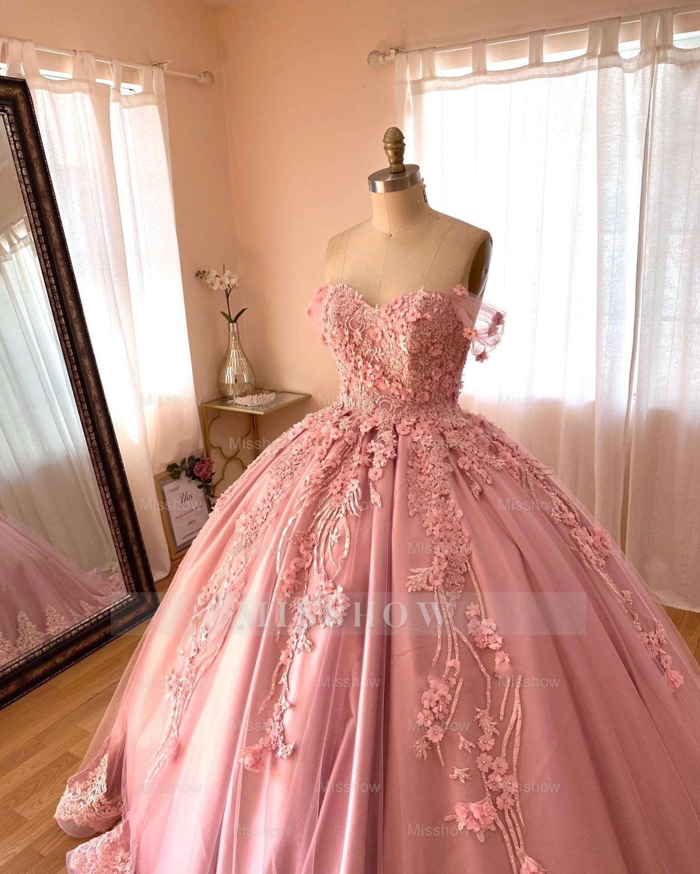 Misshow Exquisite Off-Shoulder Ball Gown 3D Floral Lace Appliques & Beaded Pink Satin Quinceanera Dress for Sweet 16