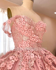 Misshow Exquisite Off-Shoulder Ball Gown 3D Floral Lace Appliques & Beaded Pink Satin Quinceanera Dress for Sweet 16