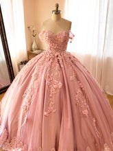 Misshow Exquisite Off-Shoulder Ball Gown 3D Floral Lace Appliques & Beaded Pink Satin Quinceanera Dress for Sweet 16