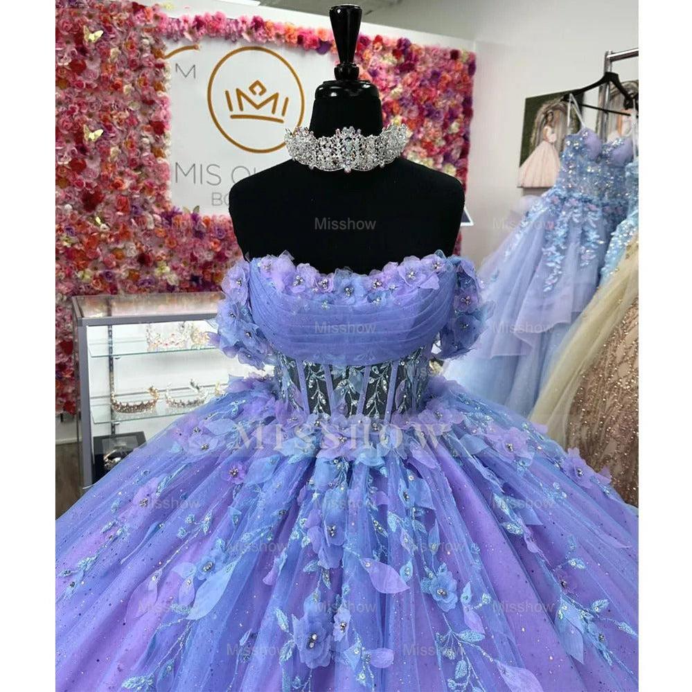 Misshow Exquisite Off-Shoulder Ball Gown 3D Floral Lace Beaded Purple Tulle Quinceanera Dress for Sweet 16 & Princess Galas