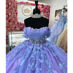 Misshow Exquisite Off-Shoulder Ball Gown 3D Floral Lace Beaded Purple Tulle Quinceanera Dress for Sweet 16 & Princess Galas