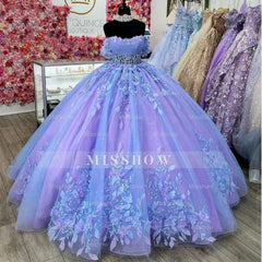 Misshow Exquisite Off-Shoulder Ball Gown 3D Floral Lace Beaded Purple Tulle Quinceanera Dress for Sweet 16 & Princess Galas