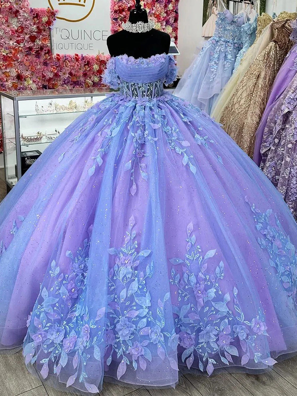 Misshow Exquisite Off-Shoulder Ball Gown 3D Floral Lace Beaded Purple Tulle Quinceanera Dress for Sweet 16 & Princess Galas