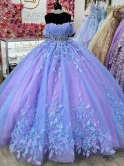 Misshow Exquisite Off-Shoulder Ball Gown 3D Floral Lace Beaded Purple Tulle Quinceanera Dress for Sweet 16 & Princess Galas