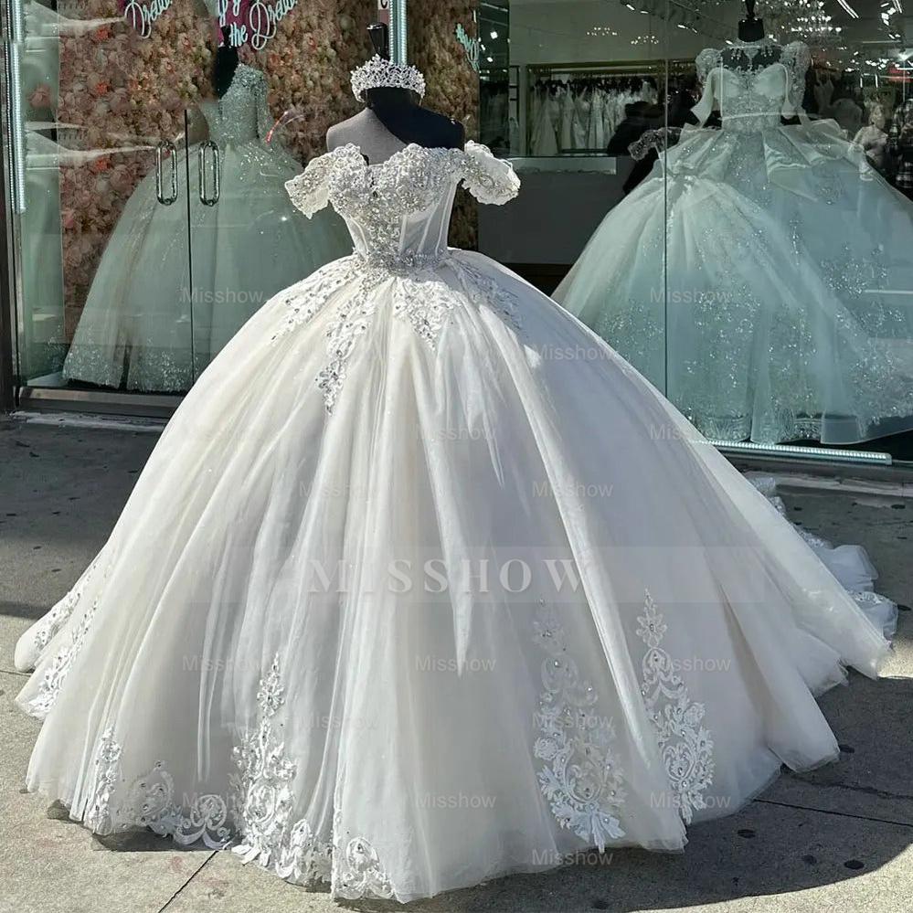 Misshow Exquisite Off-Shoulder Ball Gown Lace Appliques & Beaded Tulle Quinceanera Dress for Princess-Themed Sweet 16 & Birthday Celebrations