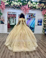 Misshow Exquisite Off-Shoulder Ball Gown Long Sleeve Lace Applique Beaded Tulle Quinceanera Dress for Sweet 16 & Formal Evenings