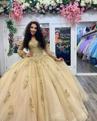Misshow Exquisite Off-Shoulder Ball Gown Long Sleeve Lace Applique Beaded Tulle Quinceanera Dress for Sweet 16 & Formal Evenings