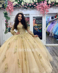 Misshow Exquisite Off-Shoulder Ball Gown Long Sleeve Lace Applique Beaded Tulle Quinceanera Dress for Sweet 16 & Formal Evenings